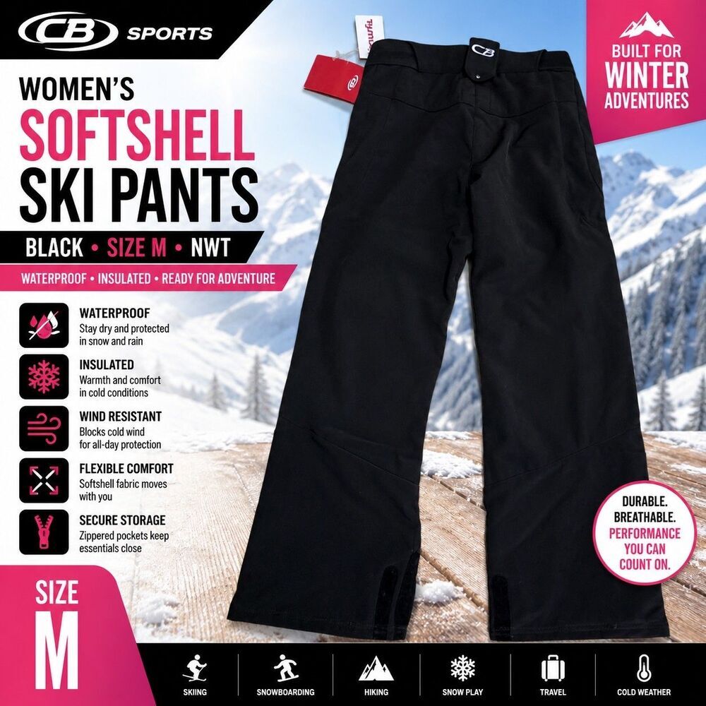 CB Sports Women's Black Softshell Ski Snow Pants Medium NWT Waterproof Insulated